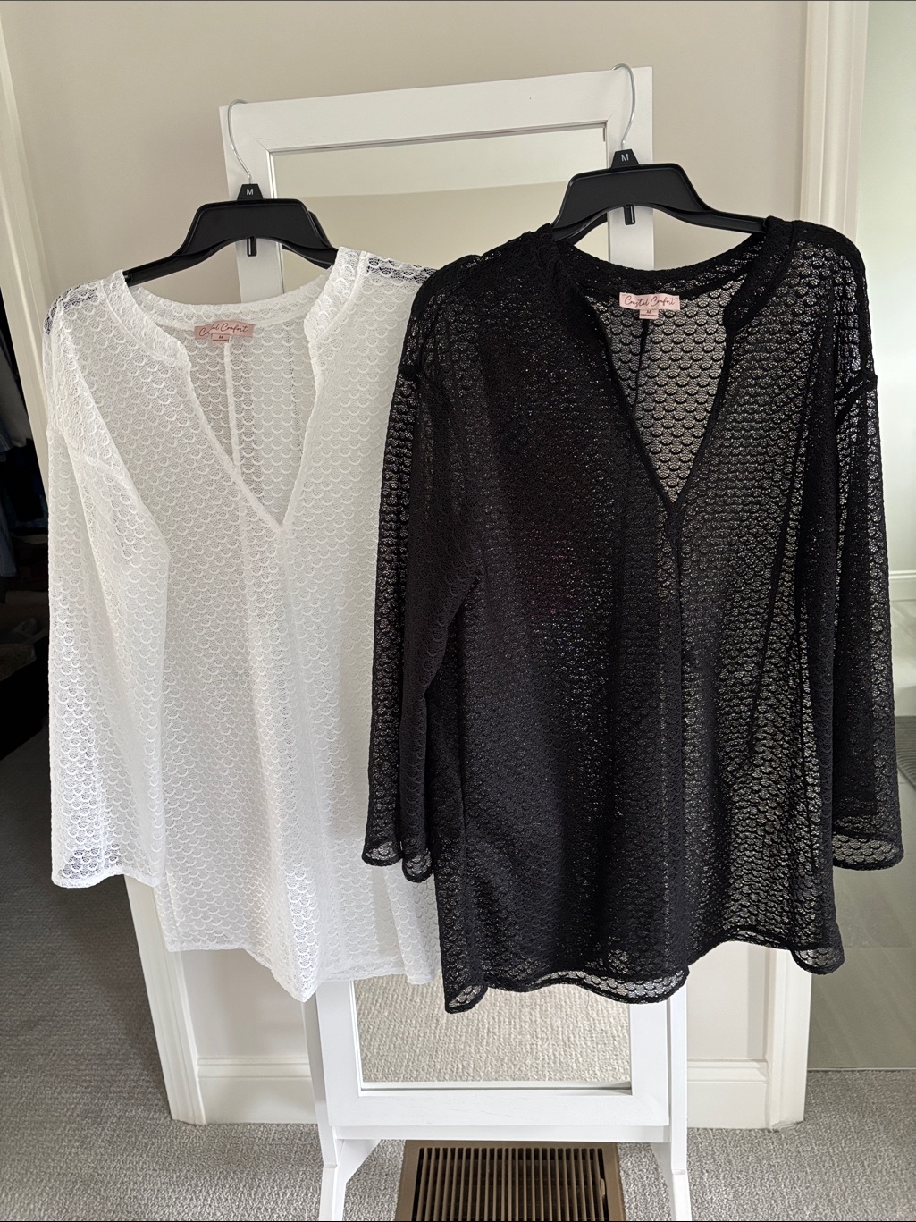 Sheer V-Neck Long Sleeve Beach Coverups- Black / White